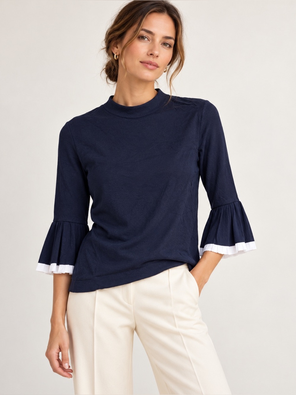 COS Navy Bell Sleeve Top White Trim Size 6 Minimalist